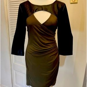 Guess - moss green faux black leather 3/4 in’ long wide cuff sleeve sexy dress